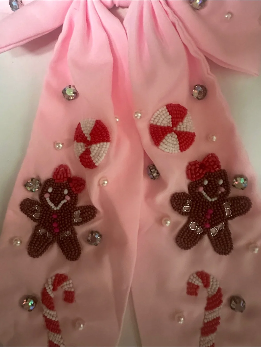 Pink Embellished Kids Hair Bow with Gingerbread & Candy Bead Accents